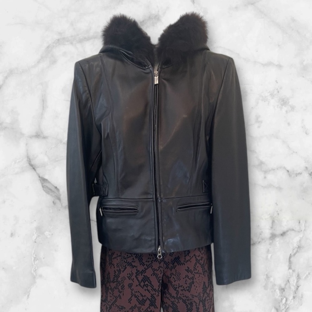 Anne Klein Small Lambskin Leather Jacket w/ Fox Trimmed Hood